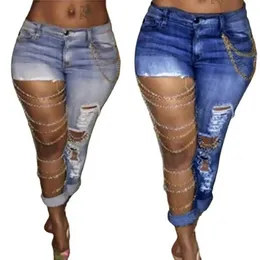 Mode High Wait Stapelte Hosenhosen Frauen Jeans mittelauferhöhung übertriebene Löcher dünne Bleistifthosen Hose täglich 240506