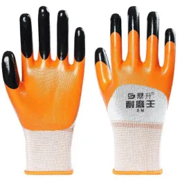 Handschuhe Schutzarbeit Handschuhe für Arbeit ohne Schleuse Orange Verstärkung Nitril reines kolloidales Material 12 Paare Elastische Nylongarnsicherheit