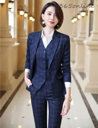 Formelle Uniform Designs Hosenanzüge für Frauen Geschäftsarbeit tragen Damen Büro Herumn Winter Professional OL Blazers Fashion Plaid 240506