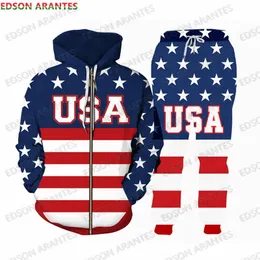 USA Flag Mens Zip Hoodie Joggers Pants Tracksuit American US Print T-shirt/Jacket/Sweatshirt Sweatpants Combo Custom S-7XL 240420