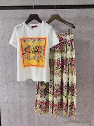 Vestido elegante de duas peças Mulheres O-Gobes Camiseta curta Camiseta High Caist Flower Printing A-Line Long vestidos