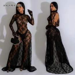 Kobiety Jumpsuits Rompers Anjamanor S Through Torn Mesh Black Sexy Jumpsuits Party Club Club For Women Backless Gree Net Noge z spódnicą D42-FB44 T240507
