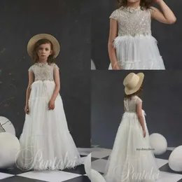 Dreamly a line Flower Girl Dresses Jewel Manga curta Lace Aplique Liginas Feather Pageant Dress Floor Comprimento da menina Parte 0431