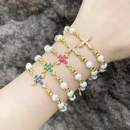 Charm Bracelets FLOLA Exquisite Zircon Cross Beaded For Women Beads Adjustable Gold Plated Jewelry Pulseras Cruz Brtk65