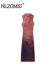 Casual klänningar nlzgmsj 2024 Kvinnliga klänning Silkskärm tryckt veckad dekoration för smal passform midi ärmlös kvinna kvinna