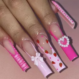 False Nails French Fake Nails with Strawberry 3D Pearl Heart Design Press on Nail Full Cover Wearable Long Coffin Artificial Nail Tips T240507