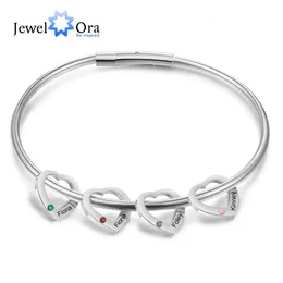 Personalized Engraved Name Heart Charm Bracelet with Inlaid 26 Birthstone Stainless Steel Custom Bangles Gift for Family 240507