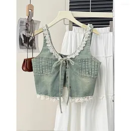 Women's Tanks Vinatge Denim Tank Tops For Women Sleeveles Patch Lace V-neck One Breasted String Jean Vest Female Summer Fashion Outfits