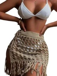 Women Crochet Cover Up Sheer Mesh Tassel Skirts Sexy Hollow Out Summer Fish Net Sarong Swimwear