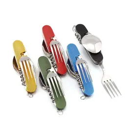 Taşınabilir kombinasyon bıçağı yemek takımı çok fonksiyonlu katlanır çatal bıçak takımı anahtarlık kolye açık kamp araçları 5 renk ayarlar