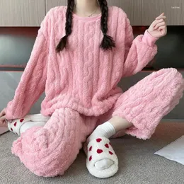 Women's Sleepwear Flannel Pajamas Autumn And Winter Fried Dough Twist Velvet Round Neck Pullover Coral Suit Evening Dress