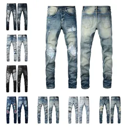 Designer di moda jeans elastici alti elastici in angoscia strappata con motociclette motociclette di motociclista in filo per uomo pantaloni neri della moda 28-38