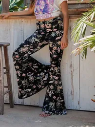 Calças femininas Capris Capris Mulheres estampas florais da cintura alta calças de perna larga calças compridas Boho