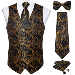 Luxus golden schwarz Paisley Seidenmänner Anzug Weste Krawatte Set Hochzeit Prom Tuxedo Weste mit Bugbräutigam Westen Kleidung 240507