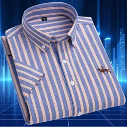 Camisas de vestido masculinas Mens camisa de les curta 100% Oxford Cotton Primavera/Verão Bordado No Business Casual Alta qualidade Stripe D240507