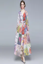 n 틈새 이른 봄 2021 새로운 패션 유명인 v- 넥 랜턴 슬리브 프린트 레이스 업 긴 드레스 7548330