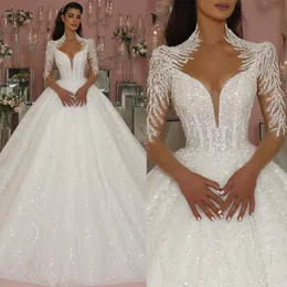 Luxury A Line Wedding Dresses for Women High Collar Long Sleeves Boho Bridal Gowns Beads Appliques Lace Button Back Sweep Train Robe de Mariage