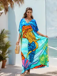 Сексуальная шикарная русайка для печати V-образной рукав Batwing Plus Size Платье Kaftan Beachwear Cover-upples 2024 Женщина Boho Robe Cover Q1546