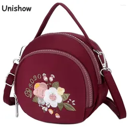 Kvällspåsar unishow broderade blomma mini kvinnor axel nylon cirkulär crossbody väska för små dragkedja telefoner handväska