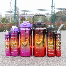 3 pieces of leak proof electroplated gradient sports water bottles with straws and time markers - Perfect for offices schools 240417