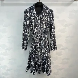 Womens Dress European Fashion brand White floral printed long sleeved black trench coat dress