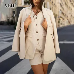 Kvinnors spårviler VGH Solid Three Piece Set nothced Collar Long Sleeve Elegant Blazer V Neck Sleeveless Vest High midje Shorts Slim Sets