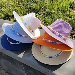 Chapéus largos chapéus chapéus panamá jazz chapéu de verão chapéu de verão homens e mulheres Novo chapéu colorido de sol ao ar livre chapéu sol de proteção de praia chapéu de miçanga j240425