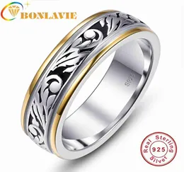 BONLAVIE 6 mm Retro Corte Duas cores Batilhado 925 anel de prata para homens e mulheres Compromisso e apostas 2105065527398