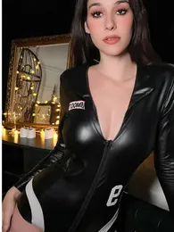 Sexy Deep V Zipper Open Crotch Uniform PU Body Set.