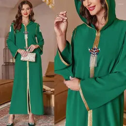 Etniska kläder Elegant Eid Ramadan Hooded Luxury Midi Dress for Women Evening Party Dresses Muslim Abaya Diamond Robe Marocko Caftan