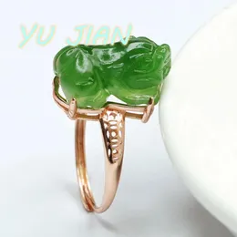 Klusterringar S925 Silver inlagd hand-Hewelry Natural Hetian Jade Jasper Pixiu Rose Rose Gold Jadeite Handring av toppkvalitet Fina smycken