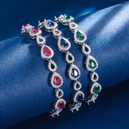 Länkarmband Eyika Luxury Hollow Water Drop Tennis Armbandsmycken för Lady Rhodium Plated Royal Blue Red Green Zircon Stone Charm