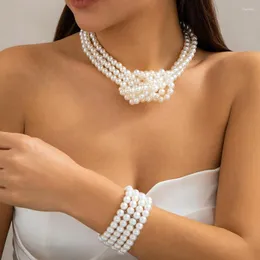 Halsband örhängen set 2st multilayer vit imitation pärla knuten kedja kvinnor koreansk mode charm armband estetik y2k ons ​​smycken
