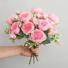 Decorative Flowers Selling 1pcs/30cm Rose Pink Silk Bouquet Peony Artificial Flower 5 Big Head 4 Small Bud Bride Wedding Home Decoration