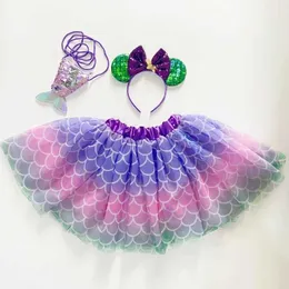 tutu Dress Girls Mermaid Tutu Skirts Baby Ballet Tulle Pettiskirts withHeadband Hairbow Sequin Bag Kids Cosplay Birthday Party Costume d240507