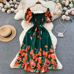 Yuoomuoo moda yaz çiçek baskı uzun elbise kadınlar vintage kare boyun eğik göğüs kanat bandaj sundress parti vestidos