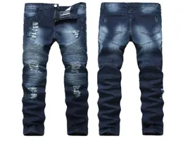 High street trend hole jeans European and American men039s locomotives wrinkles slim pants BIKER JEANS nostalgia6091759