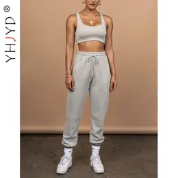 Kvinnors tvåbitar byxor Yhjyd Set Sport Bh Crop Top och högkvalitativ tjock träning Svett Suits Women Matching Set 241Q