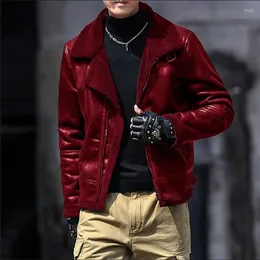 남성용 재킷 2024 American and European Style Cool Unterwear Solid Red Black Fur Collor Soft Plush Men Fashion Zipper Pocket Jacket