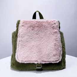 Bolsas de ombro coreano Casual Faux Fur Backpacks para Womens Luxury Designer Bolsa Bolsas 2024 em Lock de Color de Contraste de Poliéster