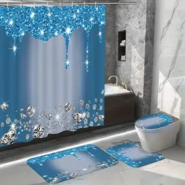 Sets 4Pcs Sparkling Diamond Shower Curtain Set, Shiny Bathroom Trim, Carpet And Toilet Seat,Burgundy Luxury Textured Colorful