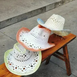 Berets Custom Color Western Cowboy Straw Hat Hollow Women Fashion Distrated Summer Sunshade Sombrero Vaquero hombre