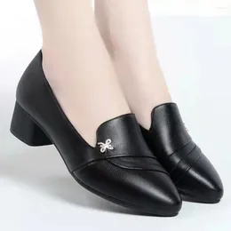 Casual Shoes High Heeled Leather Black Women Work Pu Soft Sole Pending Pointed Toe Grunt Slip-One Spring Hösten