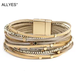 Allyes Champagne Genuine Leather Bracelets for Women Boho Multilayer Metal Charm Resina Bercotes Jóias de moda 240423