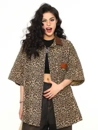 Kurtki damskie Houzhou Streetwear Leopard Print Kurtka damska Summer Short Sleved Jacket Overaged Vintage HARAJUKU Koreańska moda luźna koszulka 2405