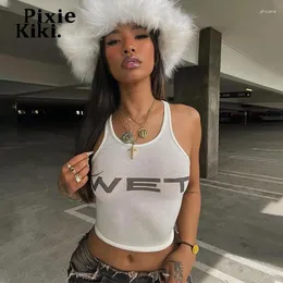 Женские танки Pixiekiki Wet Letter Print Print White Top рубашка Y2K Сексуальная летняя одежда для женщин для женщин 2024 P66-EA10