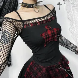 Women's Tanks ISAROSE Y2K Camisole Tops For Women Summer Sleeveless Patchwork Black Red Plaid Star Gothic Adjustable Straps Crop S M L