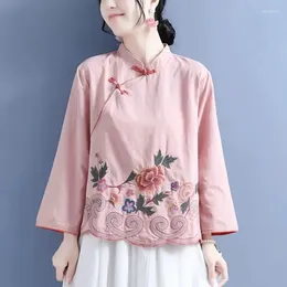 Ethnische Kleidung chinesischer Stil bestickter Baumwoll-Wäsche-Hemden Frühling Sommer Retro-Buttoned Longleved Stand-up-Kragen Kleidung Lose Tops