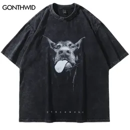 남성 거리 의류 힙합 대형 티셔츠 재미 Dubin Dub Dubin Dog The Thirk Thirt Retro Wash Black T-Shirt Harajuku 티셔츠면 240428