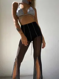 Kadın Pantolon Capris Siyah Dantel Y2K Pantolon Kadın Giyim Yüksek Bel Pantolonları Seksi Strtwear ön yarık Pantnes Mujer S ROUPAS FEMININAS Y240504